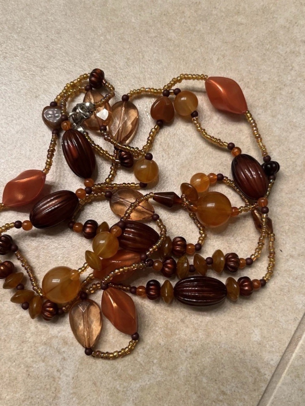 Women’s Plastic Beaded Costume Necklace Orange Amber Brown Colors 47 1/2 In